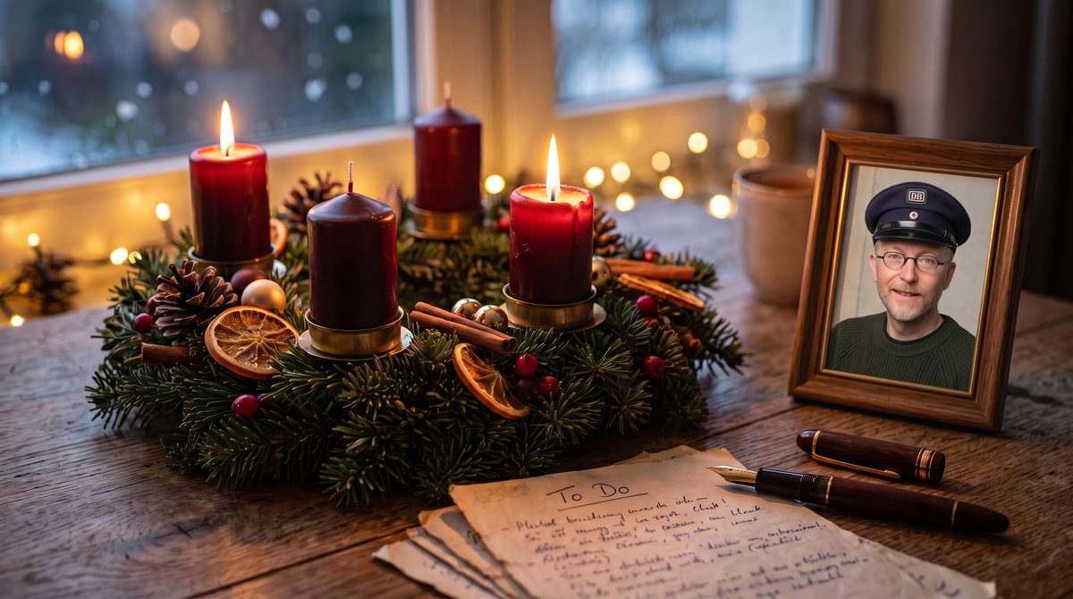 KI-generiertes Bild: Adventskranz mit Kerzen und gerahmtem Foto