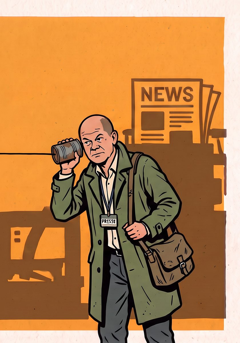 Zeichnung: Mann mit Dosentelefon vor einem Zeitungsstand